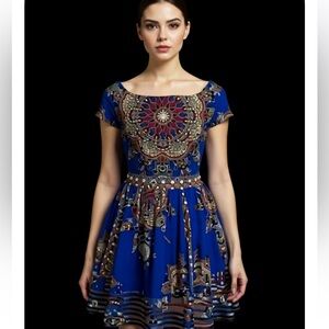 Vibrant Blue Patterned Midi Dress